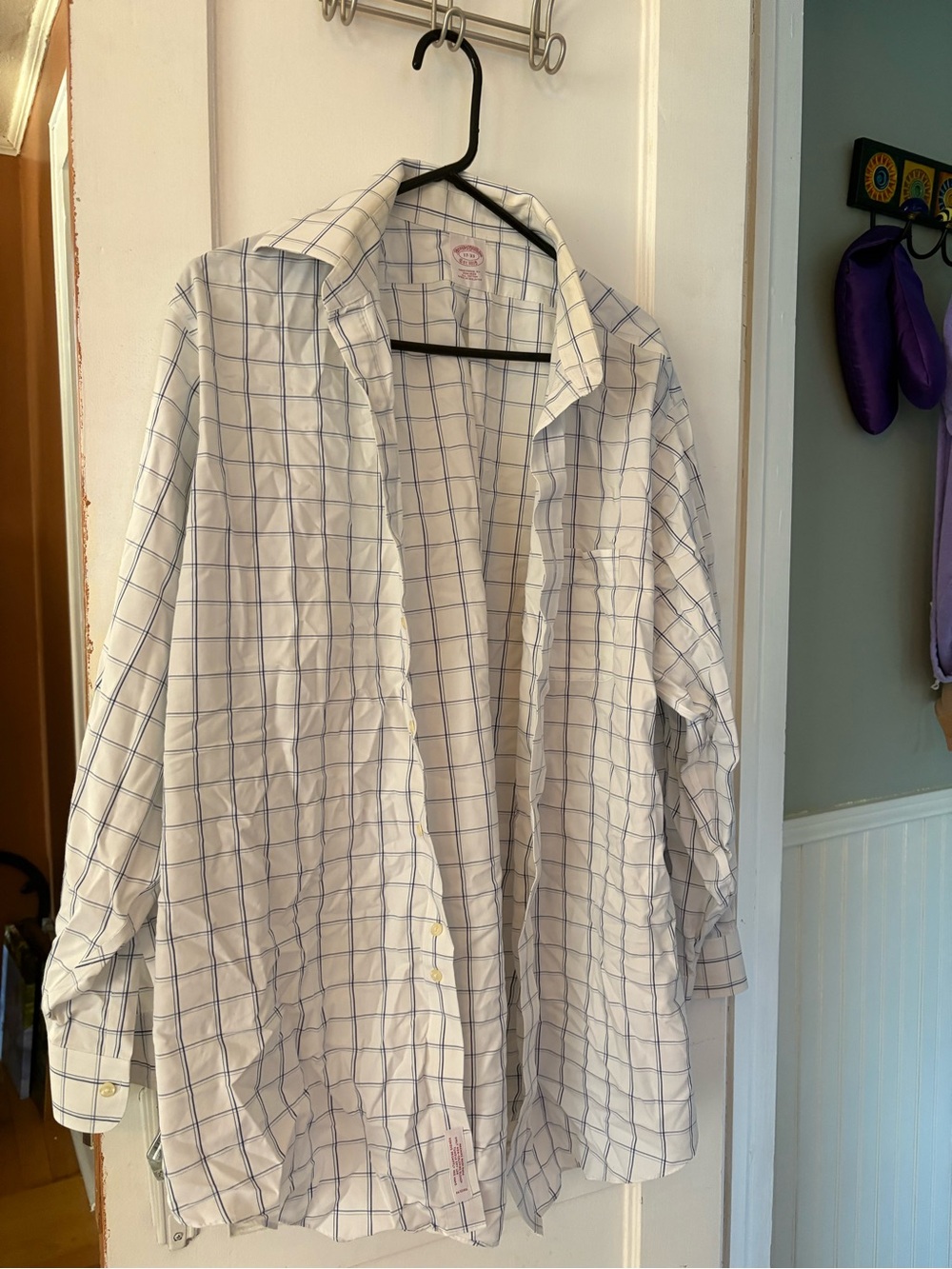 Brooks Brothers White Dress Shirt with Blue Windowpane Grid